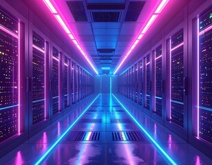 Futuristic server room with neon lighting, symmetrical and technological
