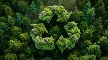 Aerial shot showcasing a recycling symbol composed of lush green foliage and surrounded by a dense forest canopy