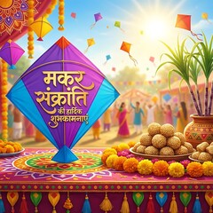 Makar Sankranti Greeting Design with Kites, Sun and Festive Elements