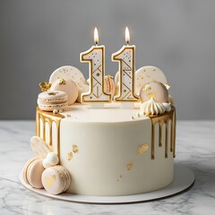 Elegant white cake with gold drip marking eleventh birthday milestone