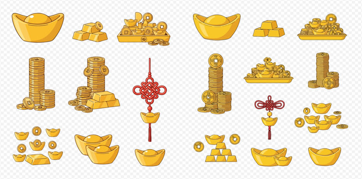 Chinese New Year gold ingots, coins, and traditional knot vector illustration set.