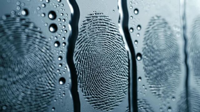 Close-up of water droplets on a glass surface revealing unique fingerprint patterns