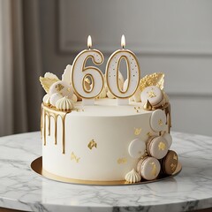 Sixtieth birthday cake with golden drip and luxury white frosting