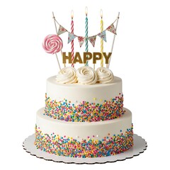 Two tiered white cake decorated with sprinkles and happy birthday topper
