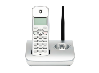 Silver cordless home phone on charging base isolated on transparent background