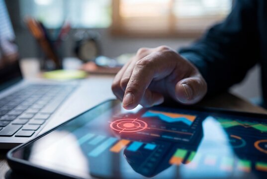 Hand interacting with digital marketing dashboard on tablet featuring target symbol and graphs - Powered by Adobe