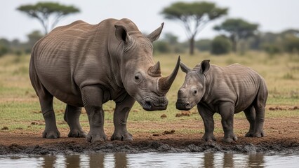 Naklejka premium Adult and young rhinos by watering hole in african savanna