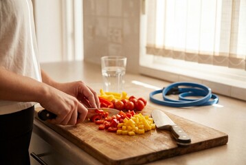 Woman chopping red bell peppers on wooden board near blue resistance band and glass of water