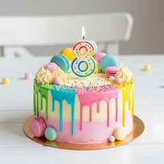 Colorful birthday cake for eighth anniversary celebration with number candle