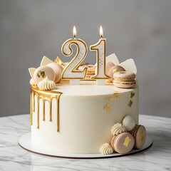 Elegant birthday cake for twenty first celebration with number candles