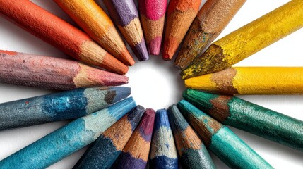 Close-up of various colored pencils arranged in a circular pattern against a white background, forming a spectrum