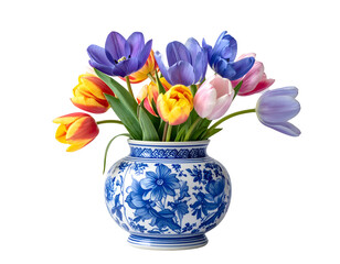 Vibrant tulips in a blue and white porcelain vase