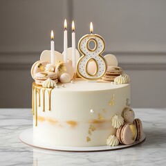 Elegant white birthday cake with number 8 candle and gold accents