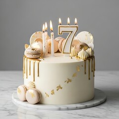 Elegant white cake with golden drip and number seven candle light