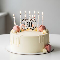 Thirty birthday celebration cake with white frosting and candles