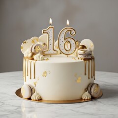 Sophisticated cake with gold drip and number sixteen candles