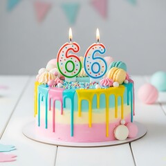 Vibrant birthday cake with number 66 candles and colorful toppings