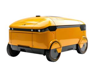 Yellow automated delivery vehicle with sleek futuristic design