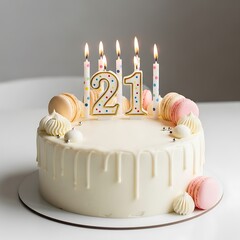White anniversary cake with twenty one candles and pink macarons