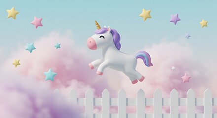 Whimsical 3D rendering of a cartoon unicorn jumping over a white picket fence, surrounded by stars