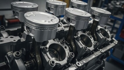 Close-up of an engine block with pistons visible