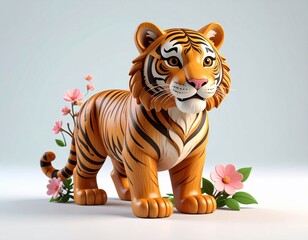 Obraz premium Cute cartoon tiger character standing with pink spring flowers on white background