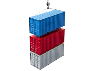 Stacked shipping containers being lifted isolated on transparent background