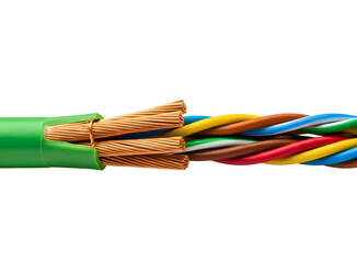 Cut green electrical wire showing colorful insulated wires inside isolated on transparent background