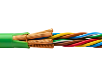Cut green electrical wire showing colorful insulated wires inside isolated on transparent background