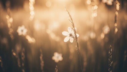 Delicate wildflowers bask in golden sunlight, soft focus, serene meadow