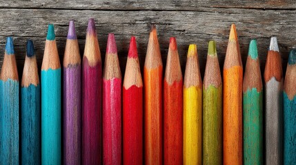 Close-up of sharpened colored pencils arranged horizontally against a textured wooden surface. Diverse hues are displayed, creating a vibrant visual