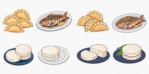 Collection of traditional Latin American cuisine illustrations including empanadas, fish, and arepas.
