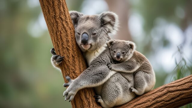 Mother koala and baby clinging to tree in natural habitat