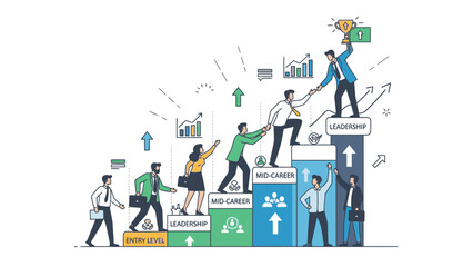 Illustration of business professionals climbing and working on colorful blocks with various charts and graphs in a conceptual teamwork scene with a professional and corporate mood.
