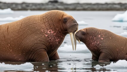 Adult and young walrus in arctic waters display bonding behavior and natural habitat
