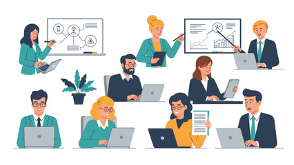 Illustration of diverse business professionals collaborating and working on laptops and presenting data in a modern office setting with a professional and productive mood.