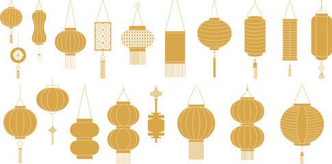Golden Chinese lantern collection illustration, traditional Asian hanging lanterns, festive decoration design, Lunar New Year celebration background, minimal vector art © Md Nayim islam