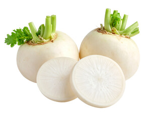 Fresh White Turnips With Green Stems and Slices.
