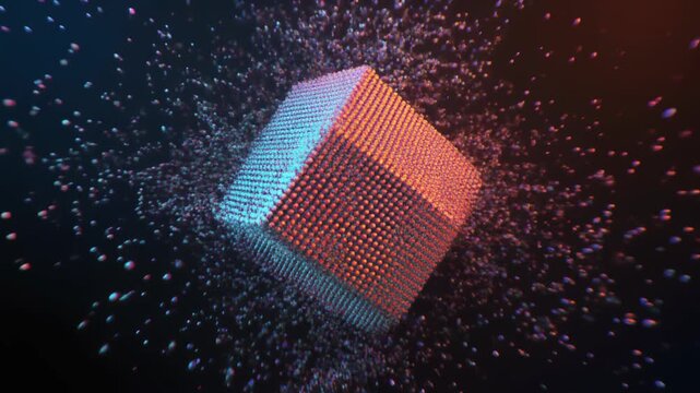 Rotating Abstract Cube Dissolving Into Particles Tech Loop