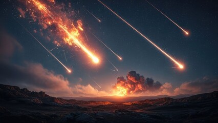 Fiery celestial objects plummeting towards an apocalyptic earthly landscape