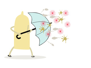 Condom character holding umbrella symbolizing safe sex, sexual health protection, and disease prevention concept