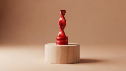 Glossy red sculpture on a wooden pedestal against a neutral backdrop