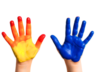 Hands painted with colorful art isolated on transparent background