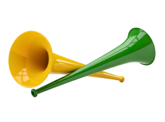 Two shiny party horns in yellow and green colors isolated on transparent background