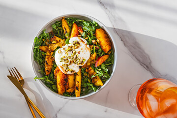 Fresh Arugula Salad with Grilled Peaches and Burrata