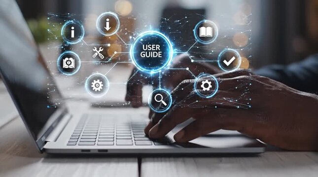 Digital User Guide Concept: Person Interacting with Holographic Interface on Laptop for Online Support, Troubleshooting, and Interactive Technology...