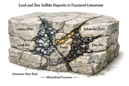 Lead and Zinc Sulfide Mineral Deposits in Fractured Limestone Geological Diagram