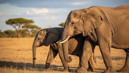Fototapeta premium African elephants walking in savanna at sunset with trees in background