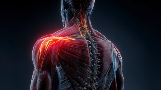 Anatomical illustration showing the human back and shoulder highlighting pain and muscles with glowing orange highlighting