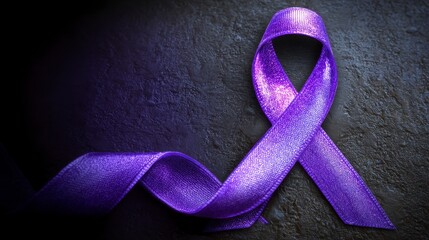 Close-up of a satin ribbon in a rich purple hue, gracefully formed into a loop and bow shape, set against a dark, textured backdrop